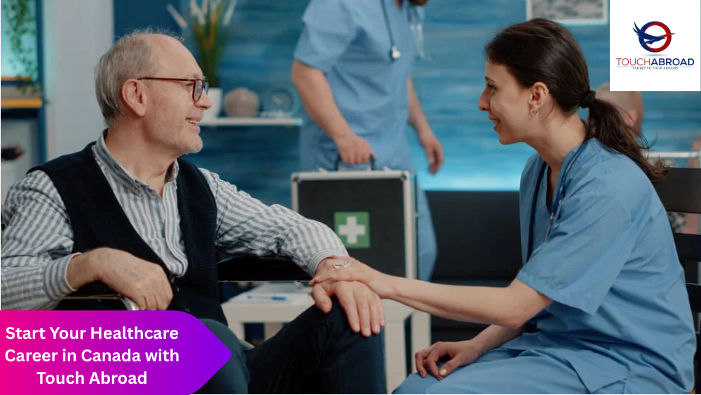 Female healthcare worker smiling and holding hands with an elderly male patient, promoting healthcare careers in Canada with Touch Abroad.